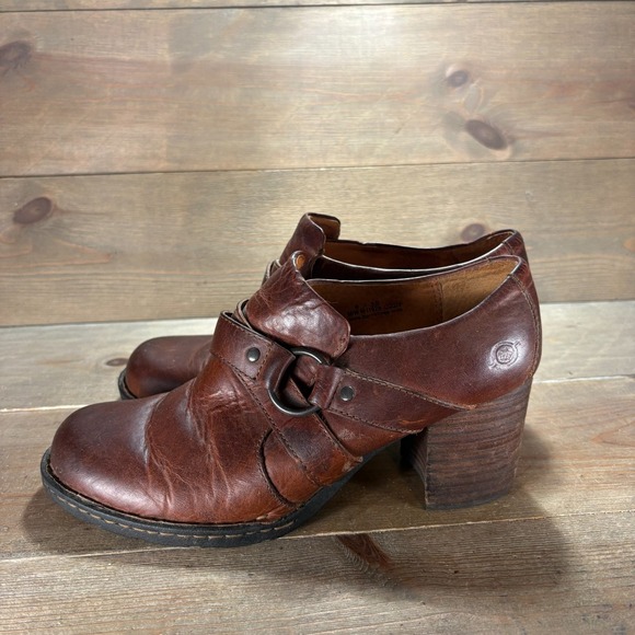 Born Shoes - Born Womens size 8 shoes Brown Leather Harness Buckle Block Heel ankle booties